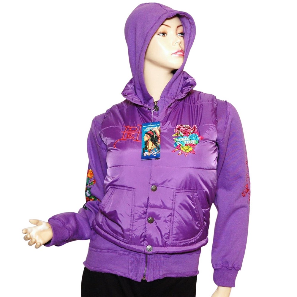 Ed Hardy Girls Nylon/Cotton True Love Hoodie Jacket Vest Top Purple M/10-L/12